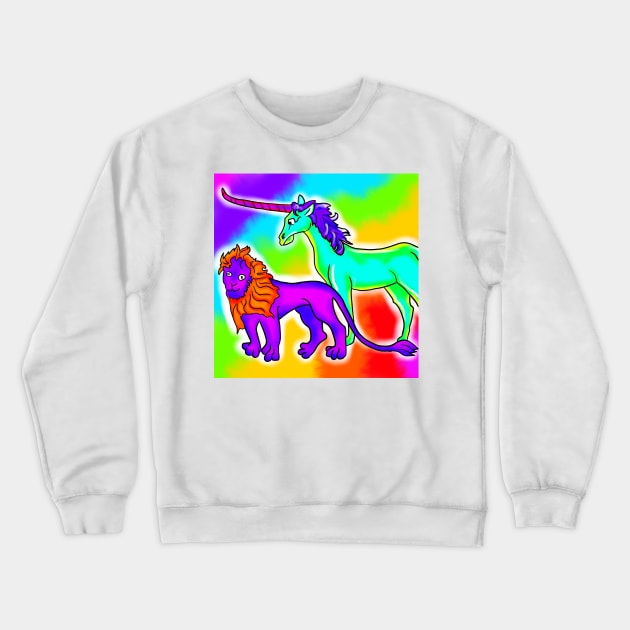 Medieval Derpy Lion and Unicorn Bad Medieval Art Trippy Rainbow Frank 90s Style Crewneck Sweatshirt by JamieWetzel